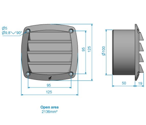 Roca Kunststof Ventilatierooster Wit, 125x125mm, tbv slang 100mm - 00304292 02 small - 00304292