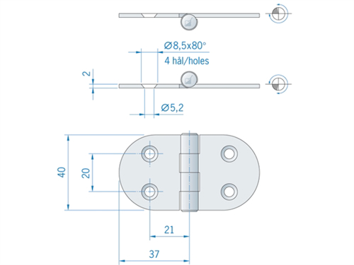 Roca vlakscharnier rond RVS 74 x 40 mm 441700 - pen aan bovenzijde - 00309023 2 - 00309023